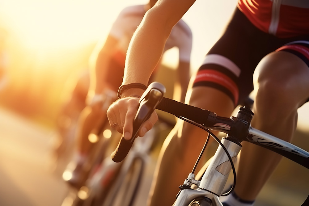 Close-up of cyclists riding on a road during a sunny day. The image focuses on the hands and handlebars of one cyclist in the foreground, with others visible behind. The sunlight creates a warm, golden glow, enhancing the sense of movement and speed, evoking a feeling of freedom away from home.